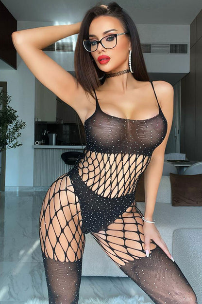 Envolita İp Askılı Taşlı Fileli Bodysuit